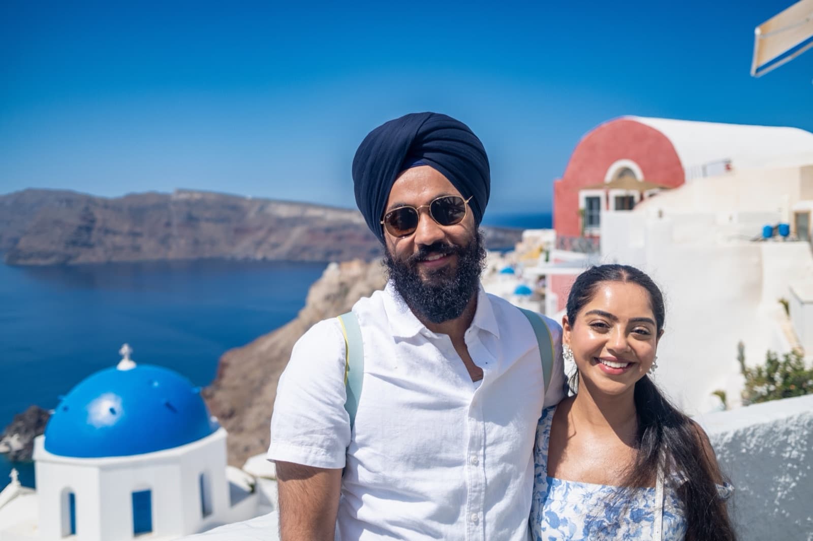 Harry Makkar and his wife Baljot in Santorini, Greece
